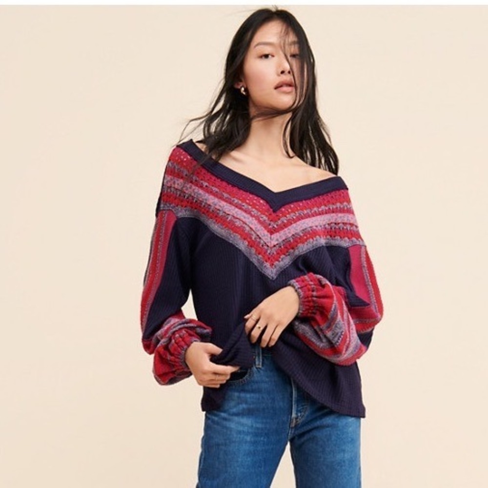 Free People Navy Blue Pink Crochet Sleeve Waffle Knit Thermal Top Small OB825134 - Picture 1 of 5